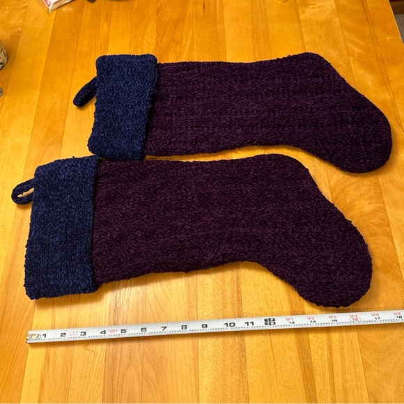 Set Of 2 Purple Cable Knit Christmas Stockings Lined w/Blue Cuff - Picture 5 of 10